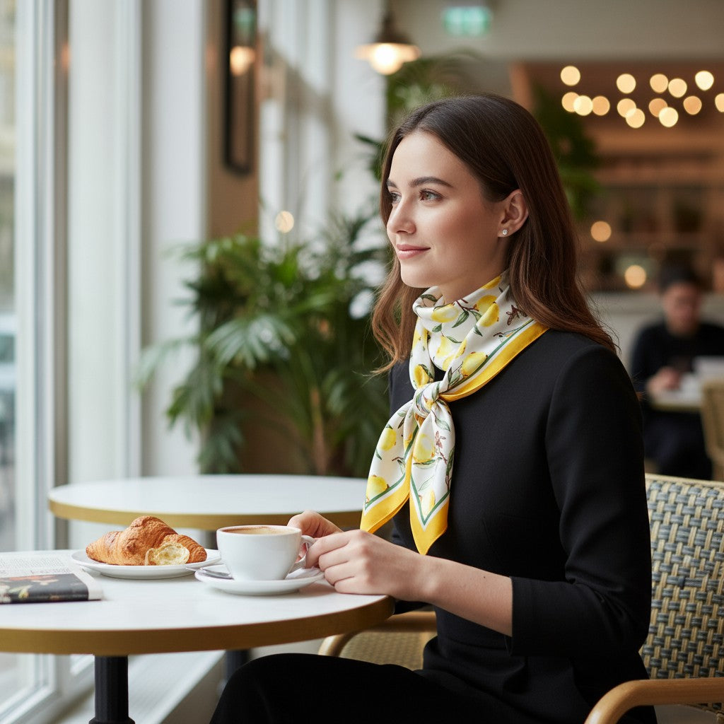 Amalfi Lemon Silk Scarf 70×70 cm – Yellow & White Square Scarf | LUNÉA Atelier Collection 🌿