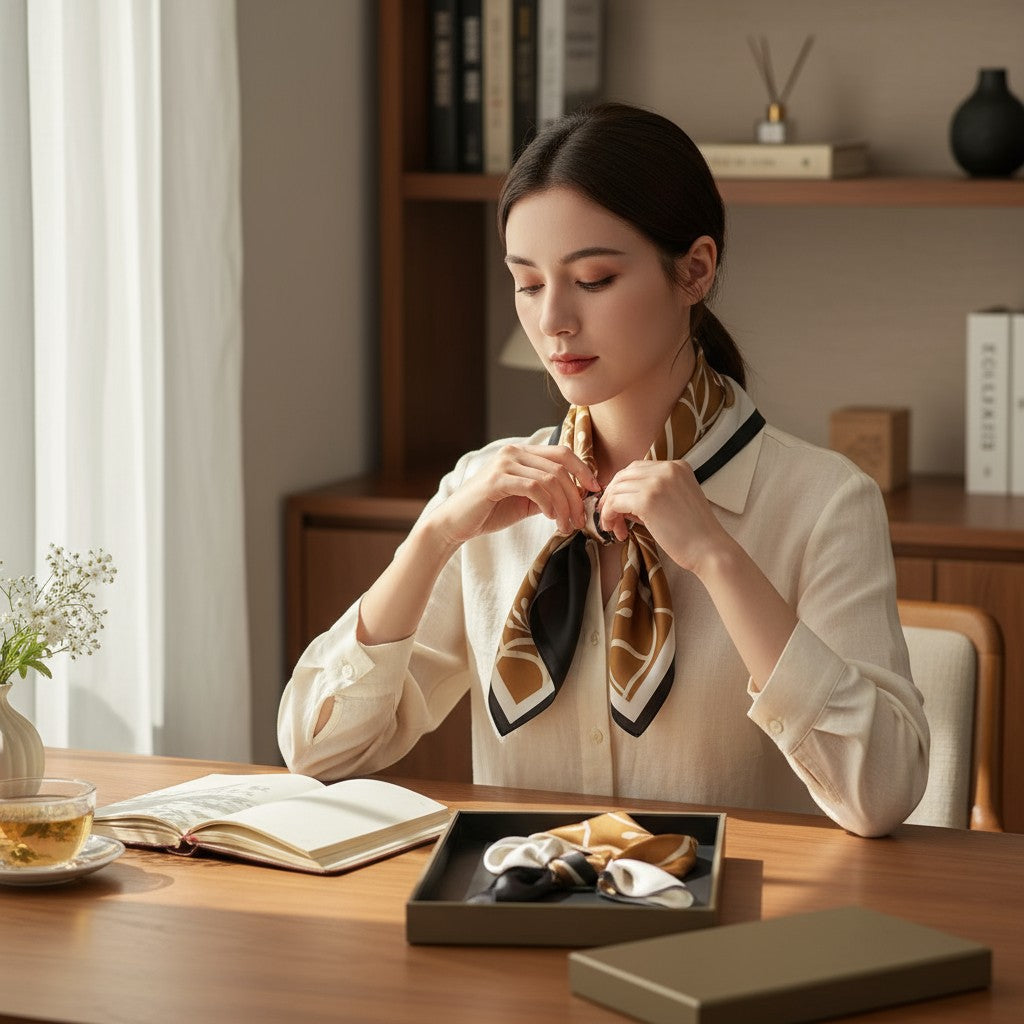 Luxe Geometric Silk Scarf – Caramel, Ivory & Black Square Shawl | LUNÉA Atelier Collection 🌙