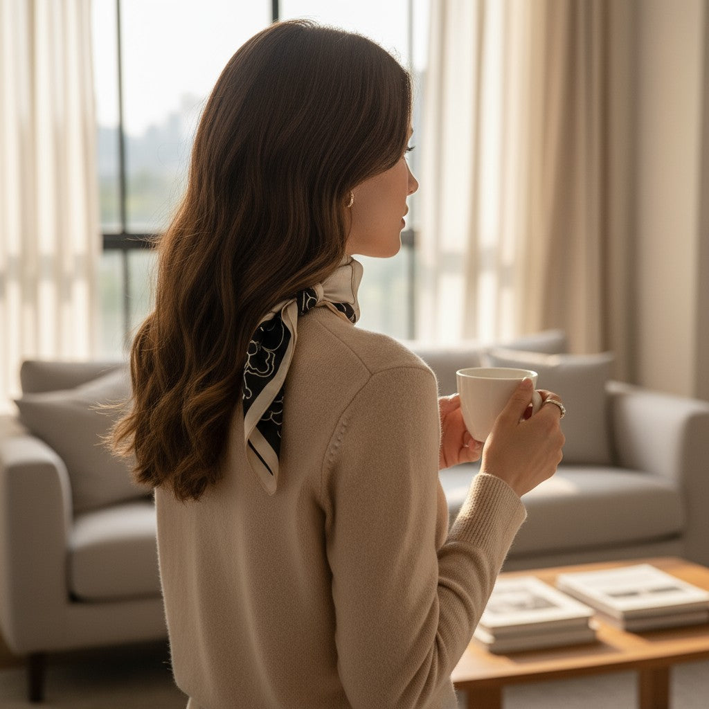 Noir Éclat Silk Scarf 70×70 cm – Beige & Black Minimal Square Scarf | LUNÉA Atelier Collection 🖤✨