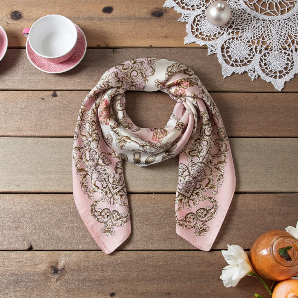 Paris Rose Silk Scarf 70×70 cm – Vintage Pink & Beige Baroque Square Scarf | LUNÉA Atelier Collection 💗✨
