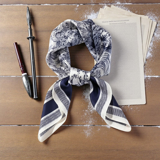 Bleu Toile Silk Scarf 70×70 cm – Navy & White Vintage Square Scarf | LUNÉA Atelier Collection 💙✨
