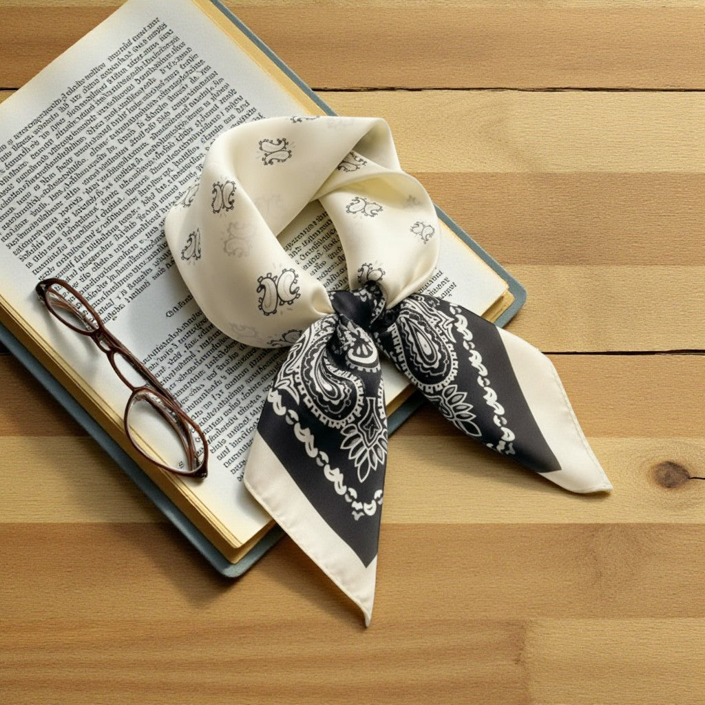 Noir Paisley Silk Scarf 70×70 cm – Black & White Classic Square Scarf | LUNÉA Atelier Collection 🖤🤍