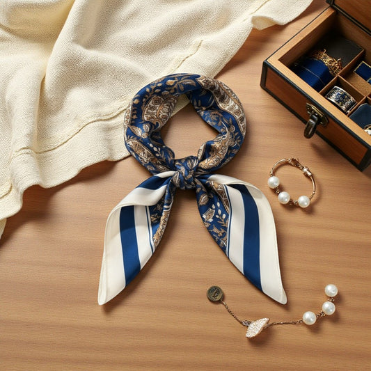 Royal Bleu Silk Scarf 70×70 cm – Navy & Gold Baroque Square Scarf | LUNÉA Atelier Collection 💙👑