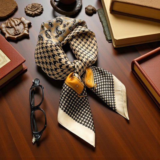 Oxford Heritage Silk Scarf 70×70 cm – Houndstooth & Paisley Beige Square Scarf | LUNÉA Atelier Collection 🤎✨
