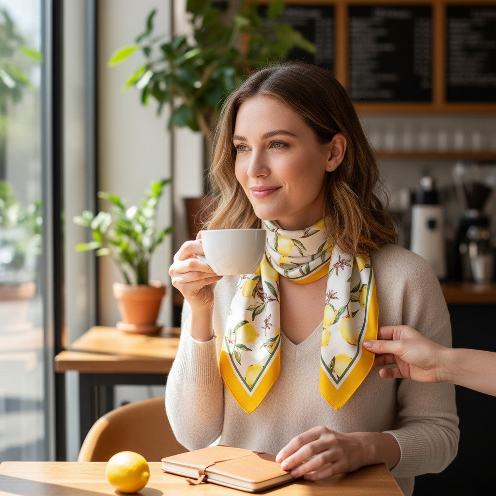 Amalfi Lemon Silk Scarf 70×70 cm – Yellow & White Square Scarf | LUNÉA Atelier Collection 🌿