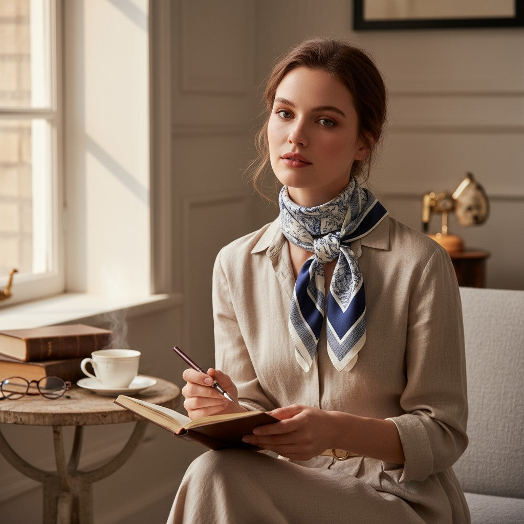 Bleu Toile Silk Scarf 70×70 cm – Navy & White Vintage Square Scarf | LUNÉA Atelier Collection 💙✨
