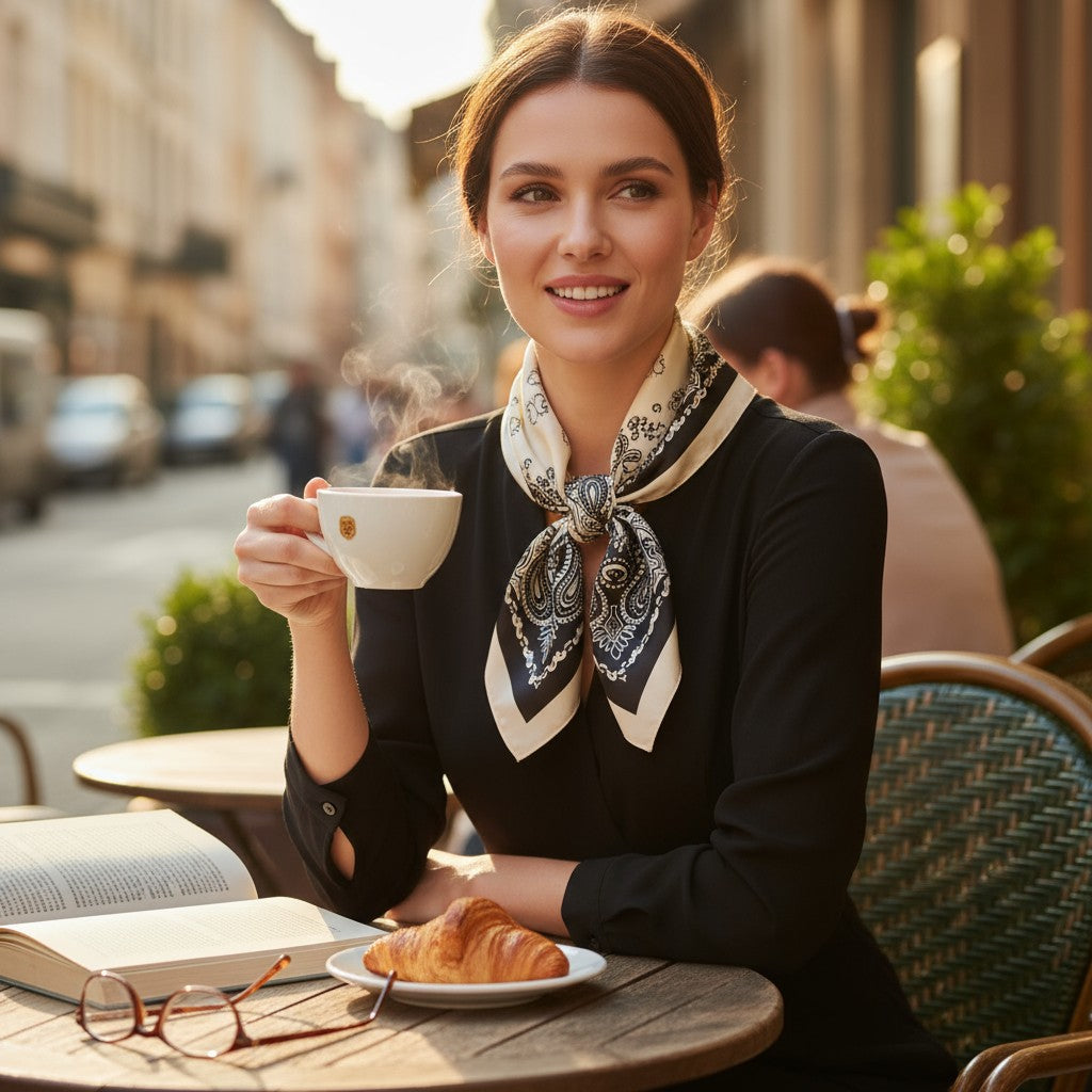 Noir Paisley Silk Scarf 70×70 cm – Black & White Classic Square Scarf | LUNÉA Atelier Collection 🖤🤍