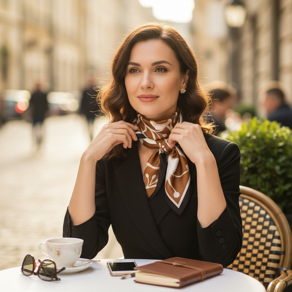Luxe Geometric Silk Scarf – Caramel, Ivory & Black Square Shawl | LUNÉA Atelier Collection 🌙
