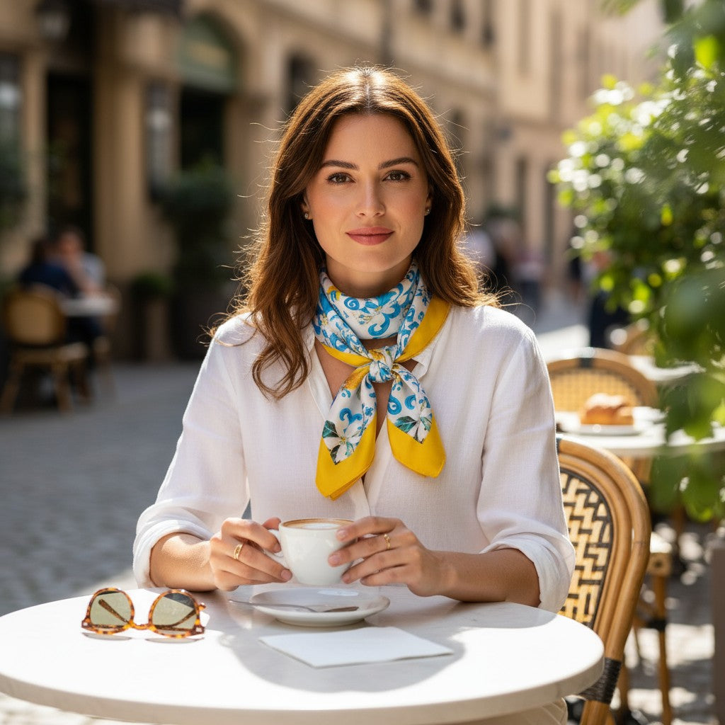 Capri Bloom Silk Scarf 70×70 cm – Lemon & Blue Floral Square Scarf | LUNÉA Atelier Collection 🍋💙