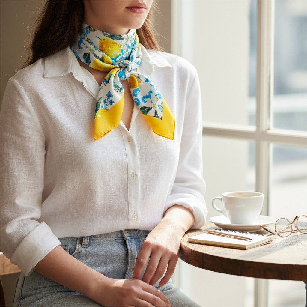Capri Bloom Silk Scarf 70×70 cm – Lemon & Blue Floral Square Scarf | LUNÉA Atelier Collection 🍋💙