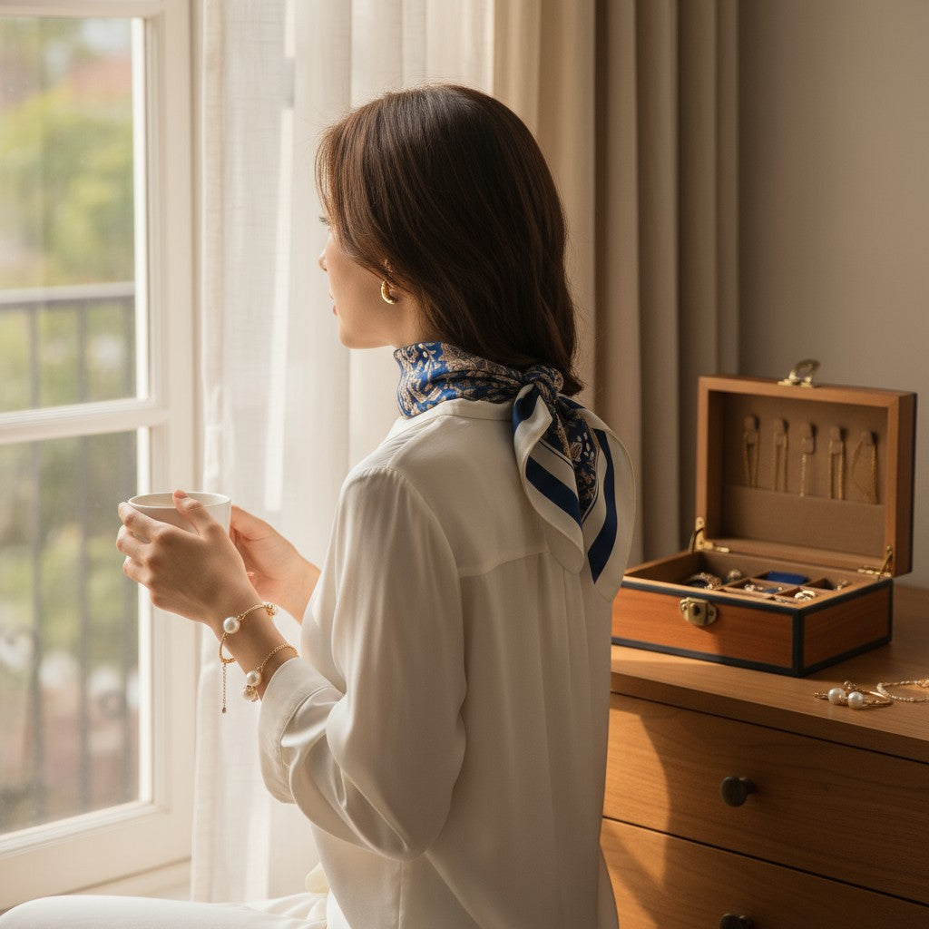 Royal Bleu Silk Scarf 70×70 cm – Navy & Gold Baroque Square Scarf | LUNÉA Atelier Collection 💙👑