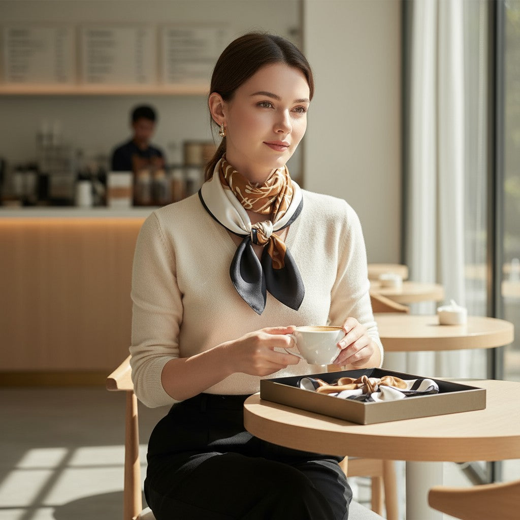 Luxe Geometric Silk Scarf – Caramel, Ivory & Black Square Shawl | LUNÉA Atelier Collection 🌙