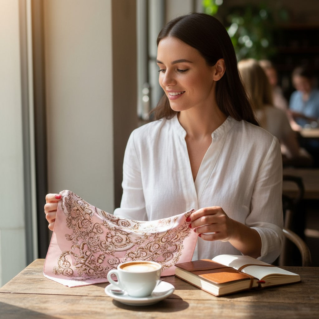 Paris Rose Silk Scarf 70×70 cm – Vintage Pink & Beige Baroque Square Scarf | LUNÉA Atelier Collection 💗✨