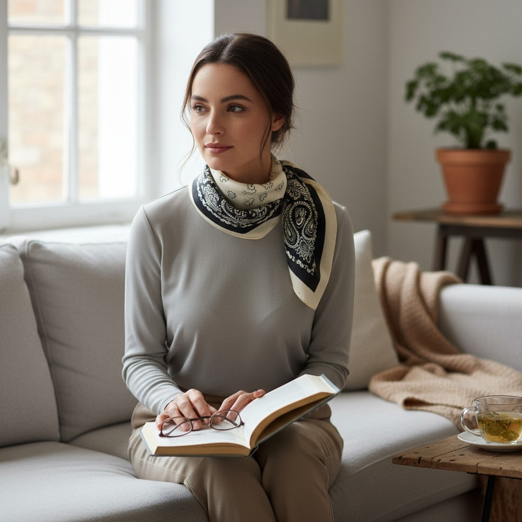 Noir Paisley Silk Scarf 70×70 cm – Black & White Classic Square Scarf | LUNÉA Atelier Collection 🖤🤍