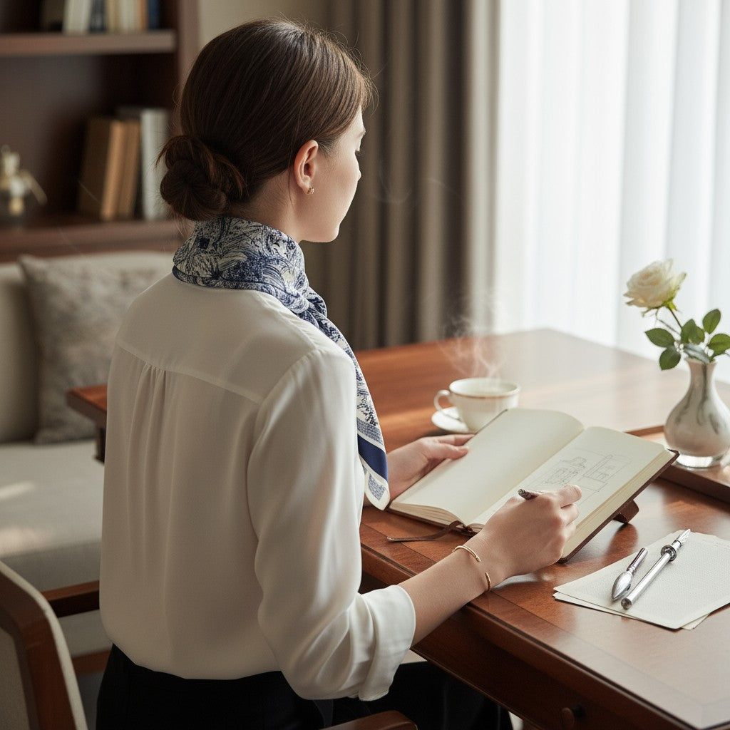 Bleu Toile Silk Scarf 70×70 cm – Navy & White Vintage Square Scarf | LUNÉA Atelier Collection 💙✨