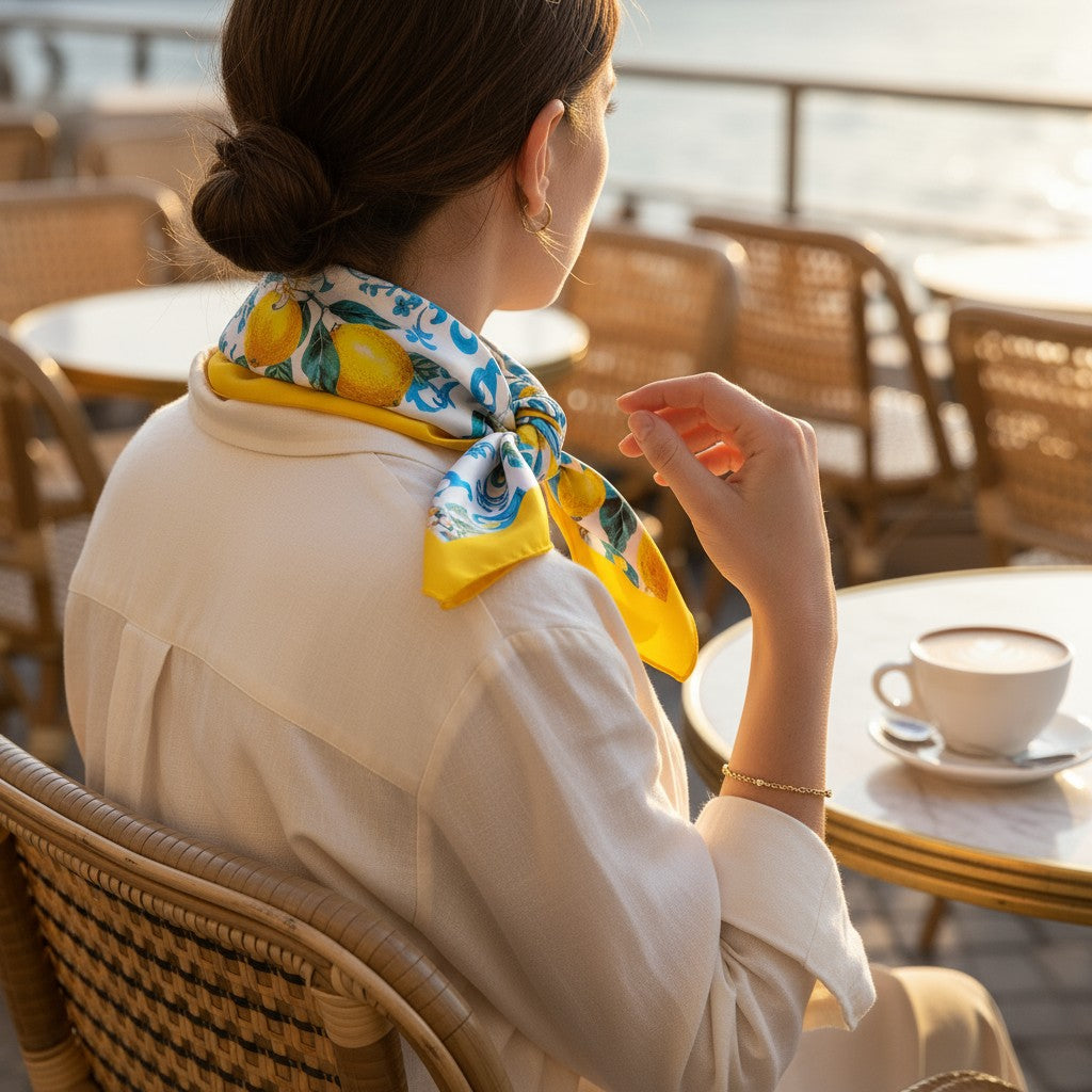 Capri Bloom Silk Scarf 70×70 cm – Lemon & Blue Floral Square Scarf | LUNÉA Atelier Collection 🍋💙