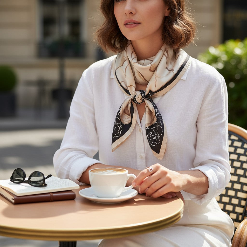 Noir Éclat Silk Scarf 70×70 cm – Beige & Black Minimal Square Scarf | LUNÉA Atelier Collection 🖤✨