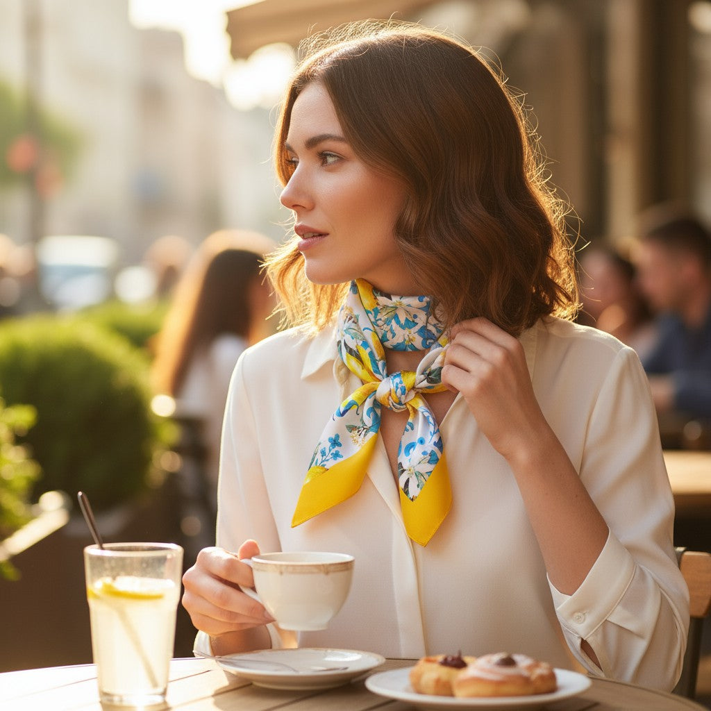 Capri Bloom Silk Scarf 70×70 cm – Lemon & Blue Floral Square Scarf | LUNÉA Atelier Collection 🍋💙