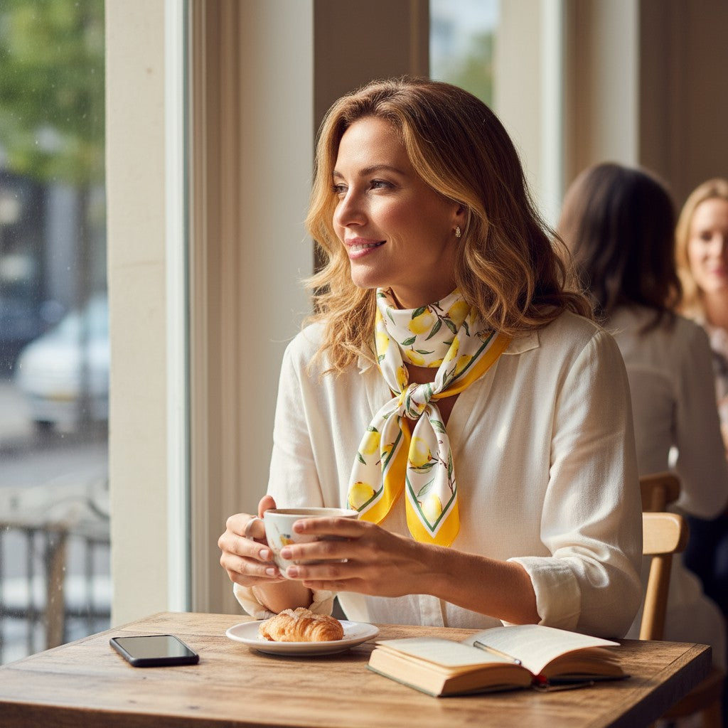 Amalfi Lemon Silk Scarf 70×70 cm – Yellow & White Square Scarf | LUNÉA Atelier Collection 🌿