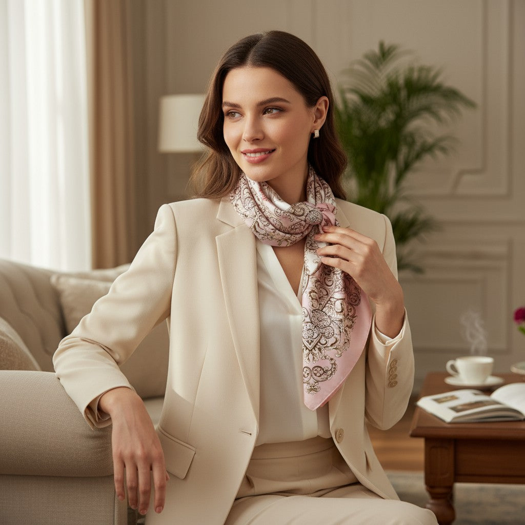 Paris Rose Silk Scarf 70×70 cm – Vintage Pink & Beige Baroque Square Scarf | LUNÉA Atelier Collection 💗✨