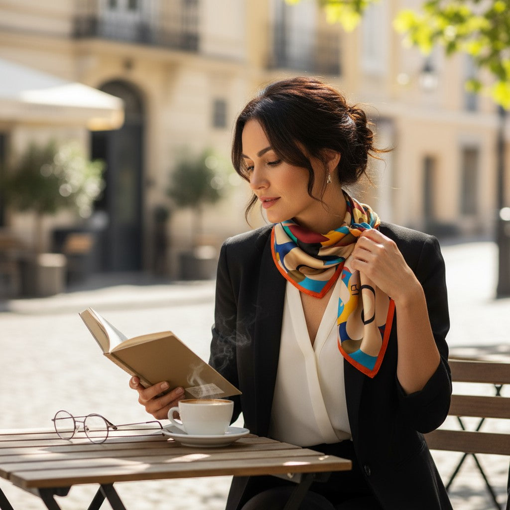 Arte Silk Scarf 70×70 cm – Abstract Multicolor Square Scarf | LUNÉA Atelier Collection 🎨✨