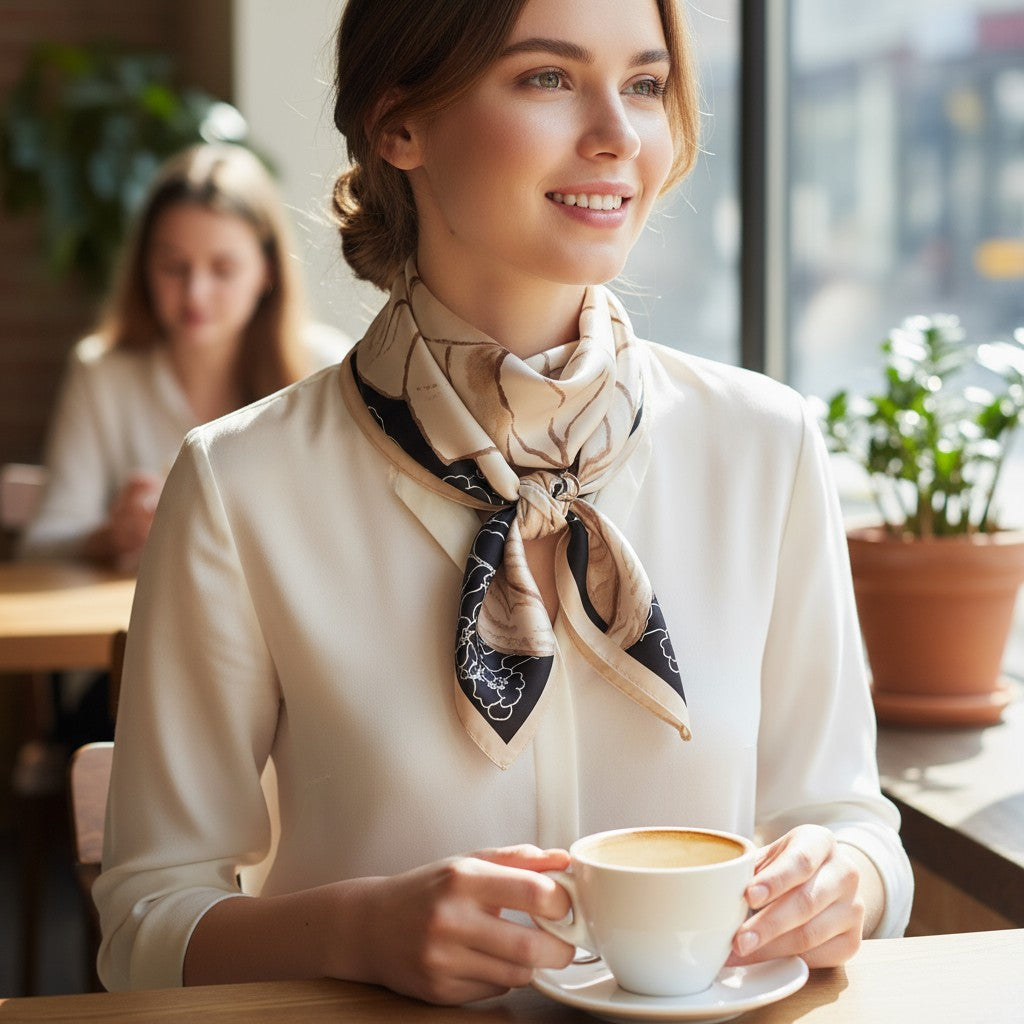 Noir Éclat Silk Scarf 70×70 cm – Beige & Black Minimal Square Scarf | LUNÉA Atelier Collection 🖤✨
