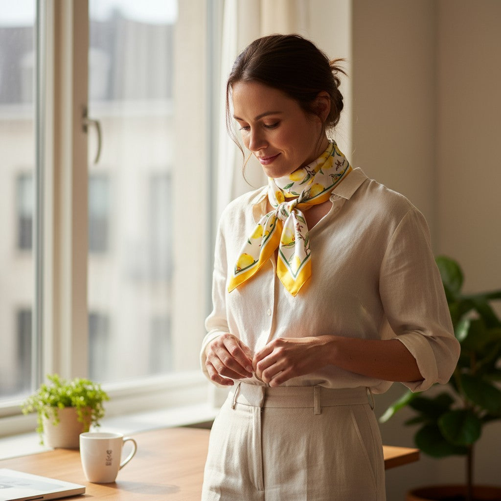 Amalfi Lemon Silk Scarf 70×70 cm – Yellow & White Square Scarf | LUNÉA Atelier Collection 🌿