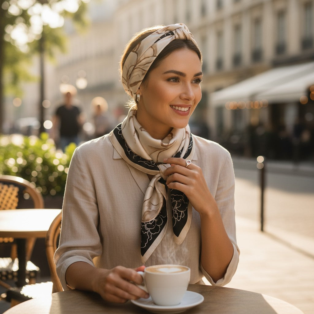 Noir Éclat Silk Scarf 70×70 cm – Beige & Black Minimal Square Scarf | LUNÉA Atelier Collection 🖤✨