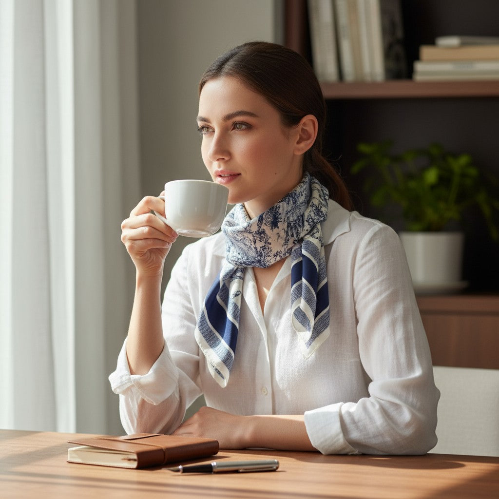 Bleu Toile Silk Scarf 70×70 cm – Navy & White Vintage Square Scarf | LUNÉA Atelier Collection 💙✨