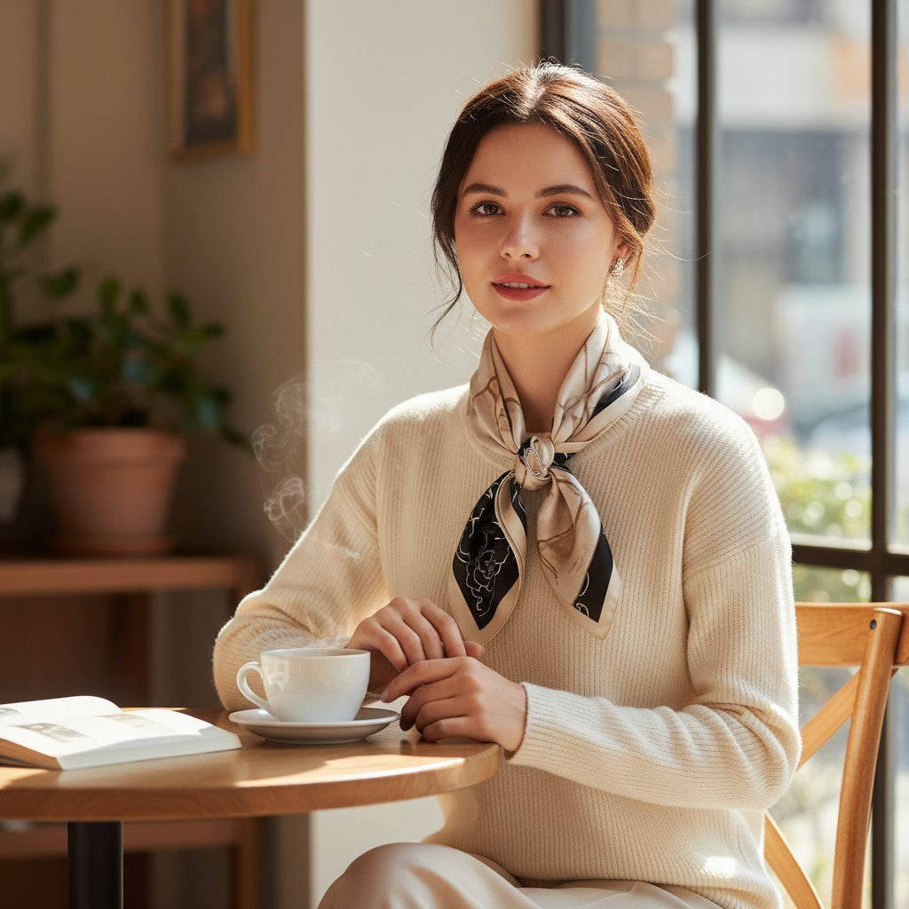 Noir Éclat Silk Scarf 70×70 cm – Beige & Black Minimal Square Scarf | LUNÉA Atelier Collection 🖤✨