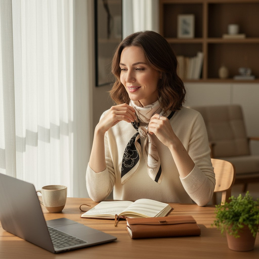 Noir Éclat Silk Scarf 70×70 cm – Beige & Black Minimal Square Scarf | LUNÉA Atelier Collection 🖤✨