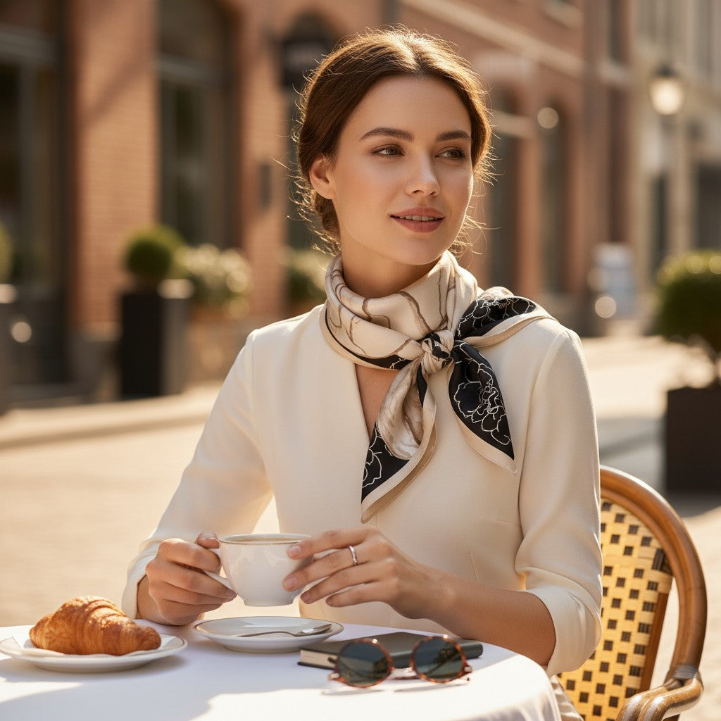 Noir Éclat Silk Scarf 70×70 cm – Beige & Black Minimal Square Scarf | LUNÉA Atelier Collection 🖤✨