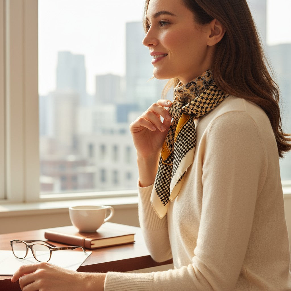 Oxford Heritage Silk Scarf 70×70 cm – Houndstooth & Paisley Beige Square Scarf | LUNÉA Atelier Collection 🤎✨