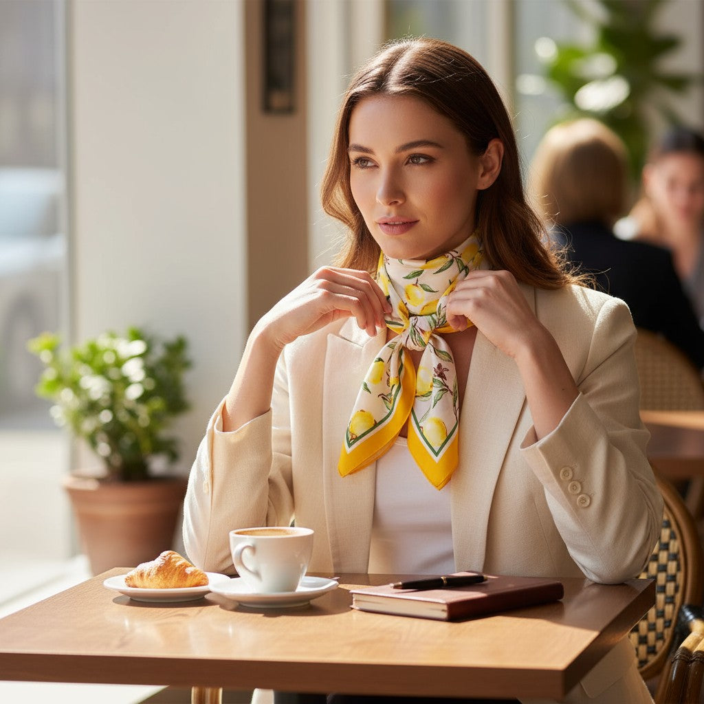 Amalfi Lemon Silk Scarf 70×70 cm – Yellow & White Square Scarf | LUNÉA Atelier Collection 🌿