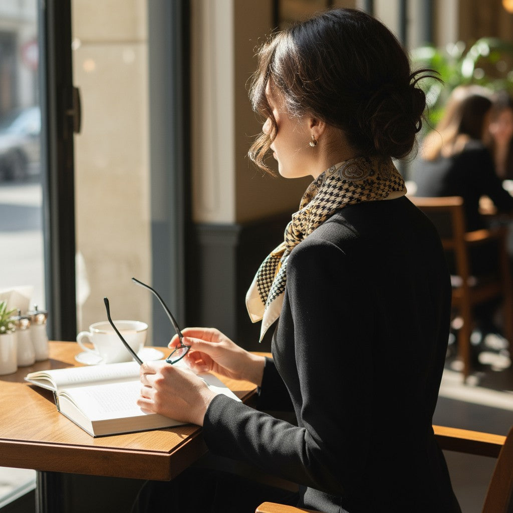 Oxford Heritage Silk Scarf 70×70 cm – Houndstooth & Paisley Beige Square Scarf | LUNÉA Atelier Collection 🤎✨