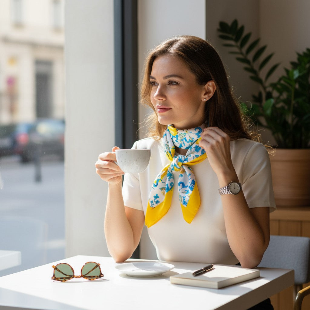 Capri Bloom Silk Scarf 70×70 cm – Lemon & Blue Floral Square Scarf | LUNÉA Atelier Collection 🍋💙