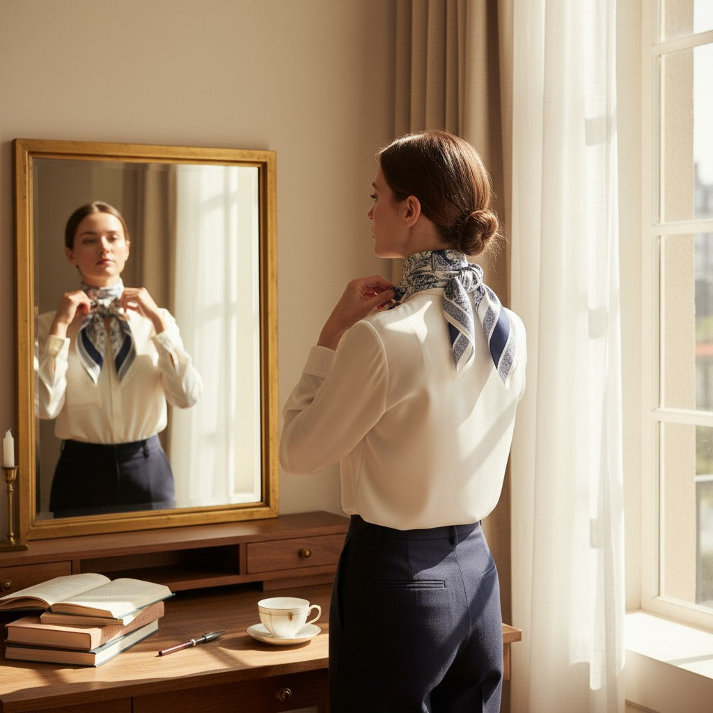 Bleu Toile Silk Scarf 70×70 cm – Navy & White Vintage Square Scarf | LUNÉA Atelier Collection 💙✨