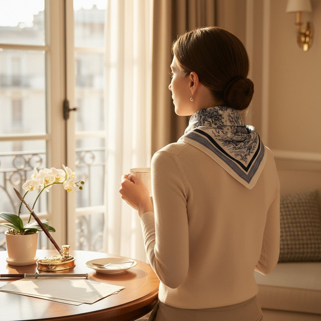 Bleu Toile Silk Scarf 70×70 cm – Navy & White Vintage Square Scarf | LUNÉA Atelier Collection 💙✨