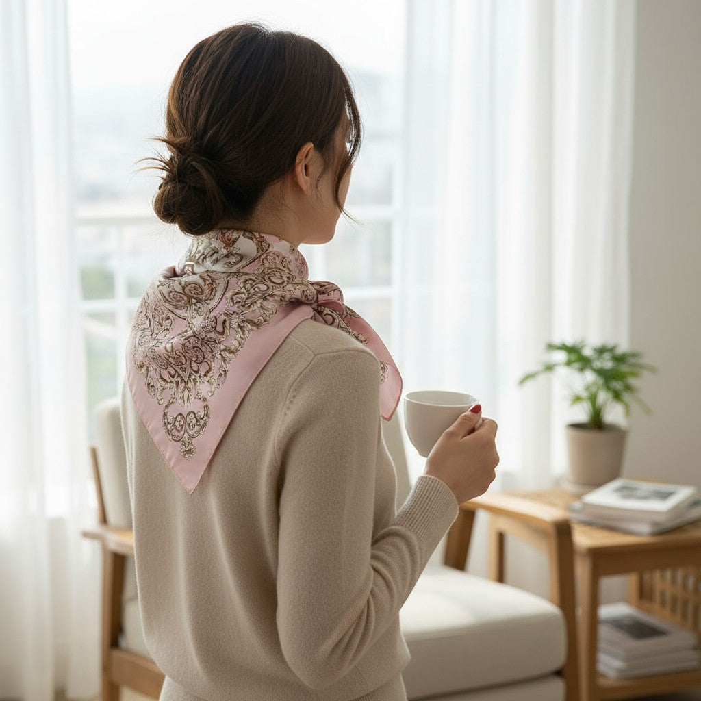 Paris Rose Silk Scarf 70×70 cm – Vintage Pink & Beige Baroque Square Scarf | LUNÉA Atelier Collection 💗✨