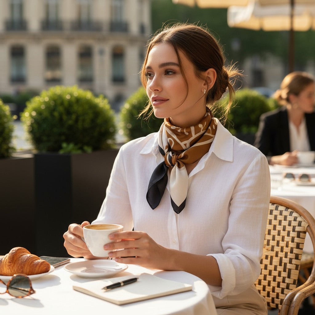 Luxe Geometric Silk Scarf – Caramel, Ivory & Black Square Shawl | LUNÉA Atelier Collection 🌙