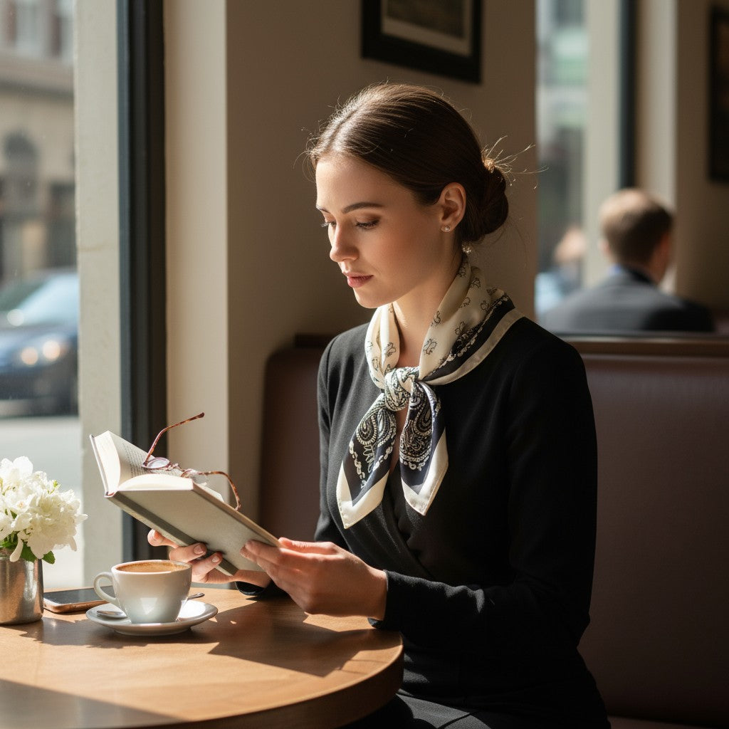 Noir Paisley Silk Scarf 70×70 cm – Black & White Classic Square Scarf | LUNÉA Atelier Collection 🖤🤍