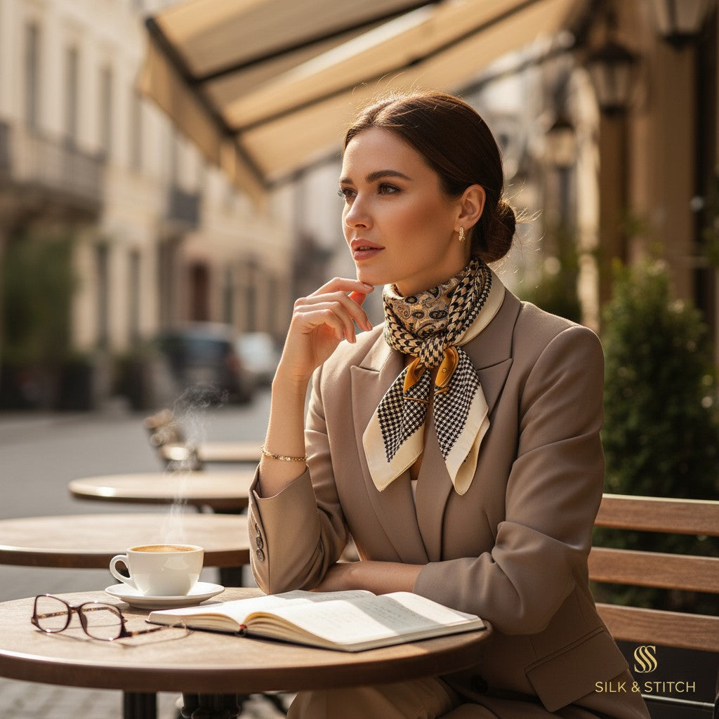 Oxford Heritage Silk Scarf 70×70 cm – Houndstooth & Paisley Beige Square Scarf | LUNÉA Atelier Collection 🤎✨