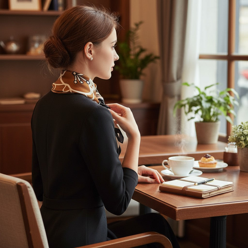 Luxe Geometric Silk Scarf – Caramel, Ivory & Black Square Shawl | LUNÉA Atelier Collection 🌙