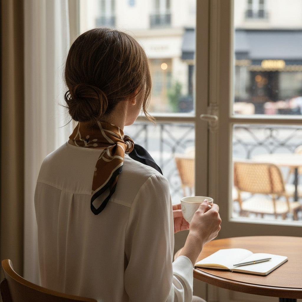 Luxe Geometric Silk Scarf – Caramel, Ivory & Black Square Shawl | LUNÉA Atelier Collection 🌙