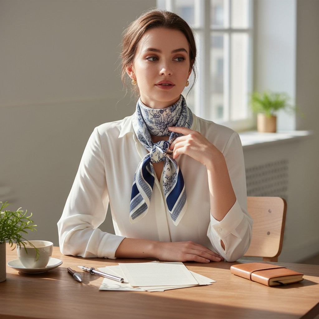 Bleu Toile Silk Scarf 70×70 cm – Navy & White Vintage Square Scarf | LUNÉA Atelier Collection 💙✨
