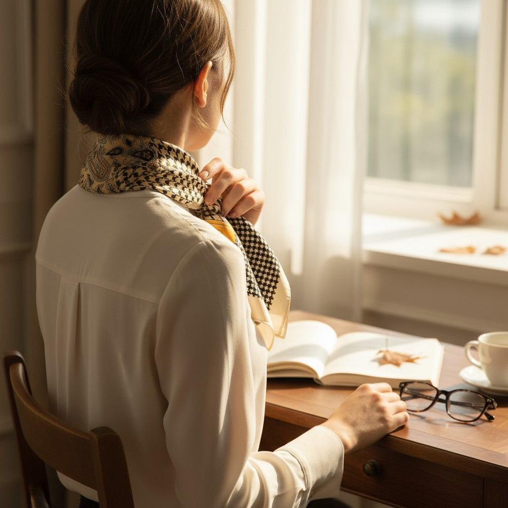 Oxford Heritage Silk Scarf 70×70 cm – Houndstooth & Paisley Beige Square Scarf | LUNÉA Atelier Collection 🤎✨