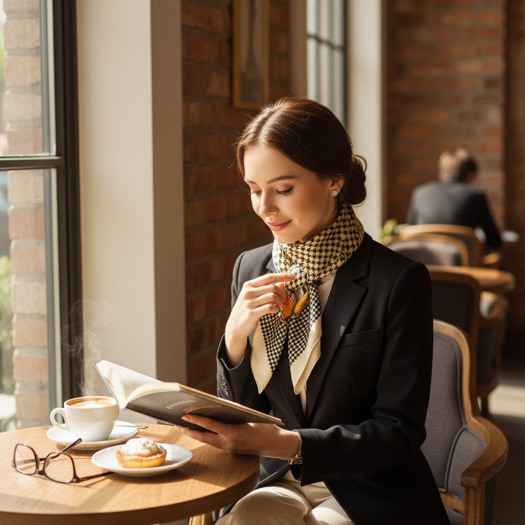 Oxford Heritage Silk Scarf 70×70 cm – Houndstooth & Paisley Beige Square Scarf | LUNÉA Atelier Collection 🤎✨