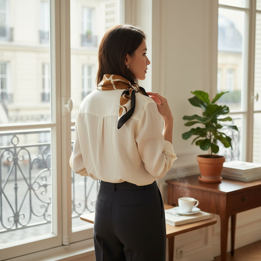 Luxe Geometric Silk Scarf – Caramel, Ivory & Black Square Shawl | LUNÉA Atelier Collection 🌙