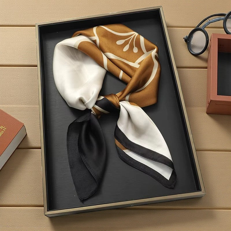 Luxe Geometric Silk Scarf – Caramel, Ivory & Black Square Shawl | LUNÉA Atelier Collection 🌙