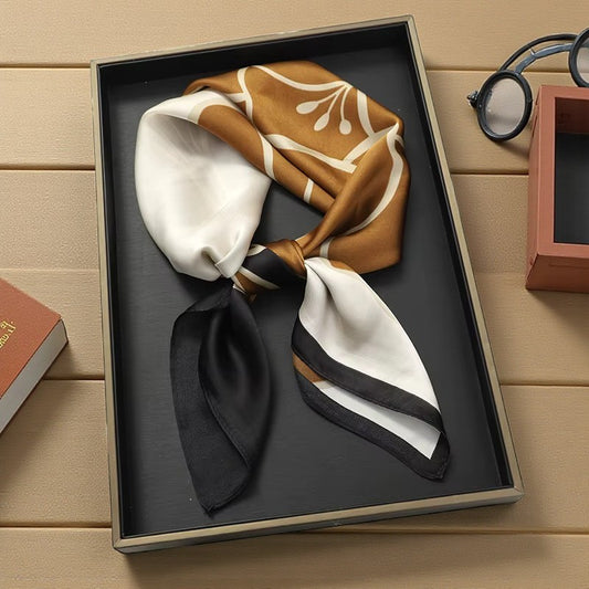 Luxe Geometric Silk Scarf – Caramel, Ivory & Black Square Shawl | LUNÉA Atelier Collection 🌙